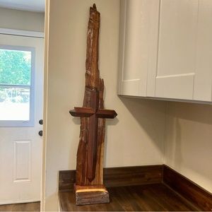 Large Rustic Wood Cross on Stand 39” Tall Folk Art